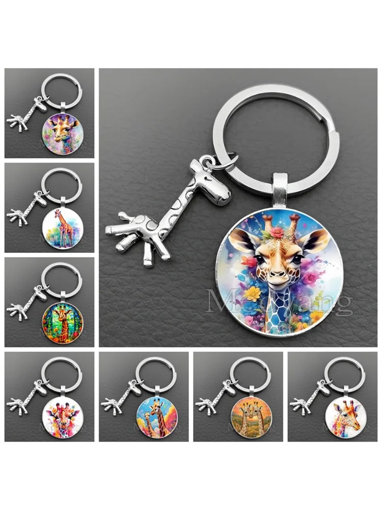 Porte-clés girafe de dessin animé, motif de cerf peint, en verre, pour hommes et femmes, sac de voiture, cadeau, nouvelle collection 2025
