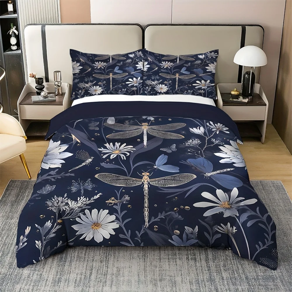 

2/3pcs dragonfly Floral Pattern Bedding Set (1 Duvet Cover + 1/2 Pillowcases, Without Core), Soft and Comfortable Bedding set