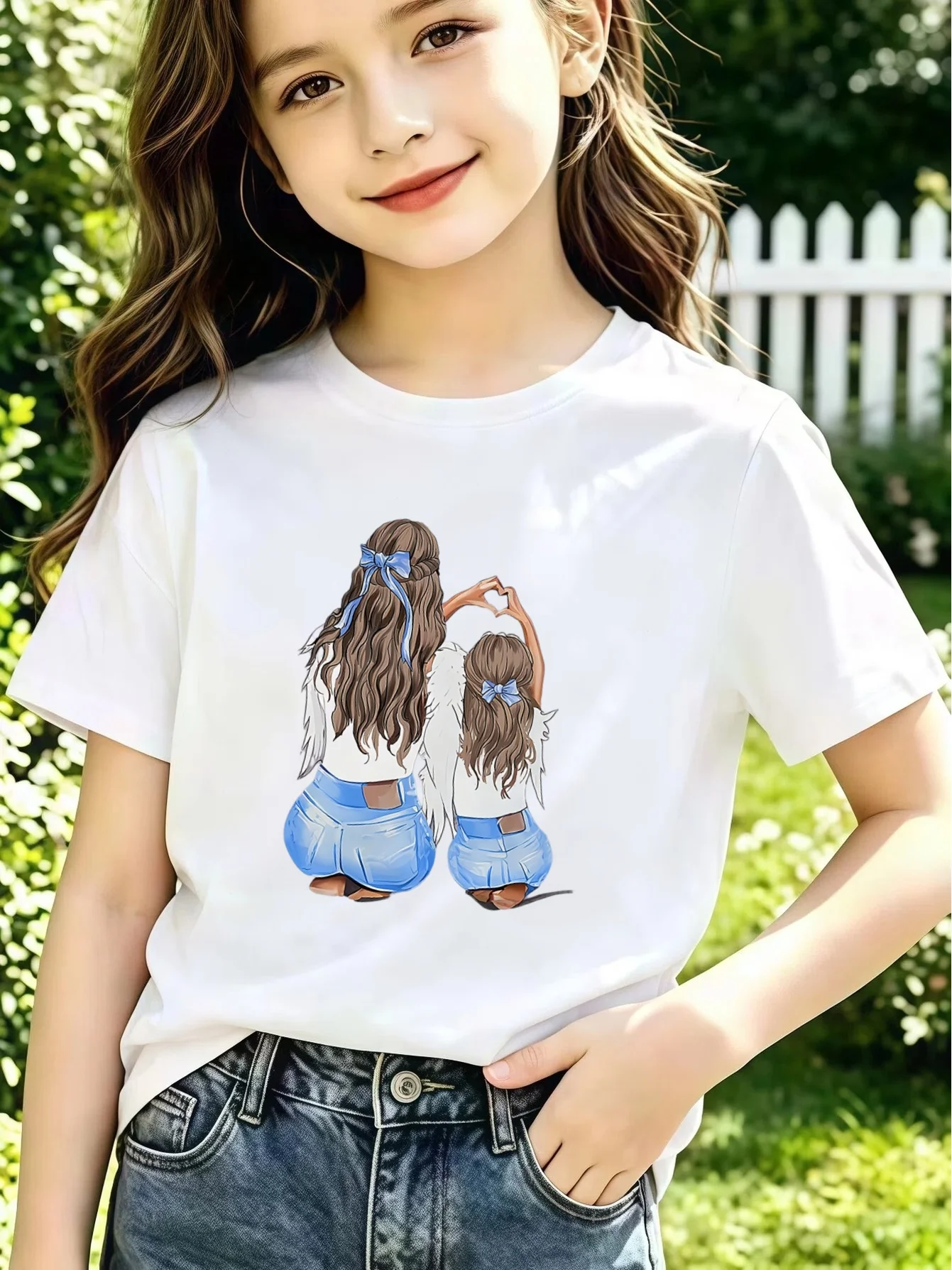 Kids Mother Daughter Angel Wings Blue Bow Heart Graphic Tee Boys Girls Family Matching Short Sleeve Sweet Love Everyday T Shirt