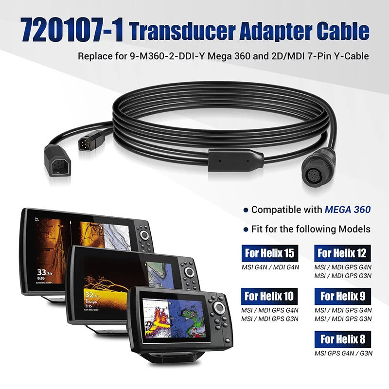 720107-1 Transducer Adapter Cable 10ft. Replace for 9-M360-2-DDI-Y Mega 360 & 2D/MDI 7-Pin Y-Cable, fits for Helix 15/12/10/9/8