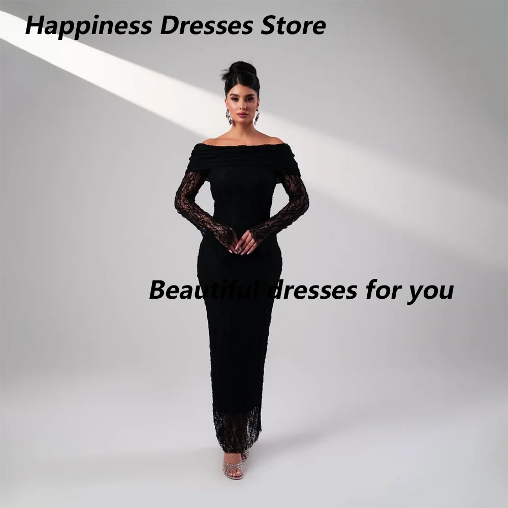 

Black Evening Dresses Customized Off Shoulder Long Sleeves Lace Ankle-Lenth Straight Prom Gown Arabian Formal Dresses