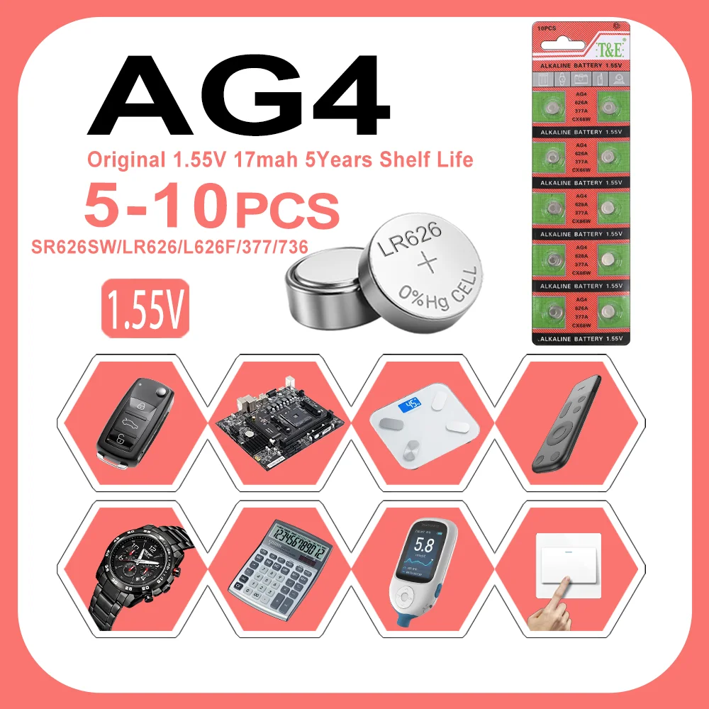 5PCS-10PCS 1.55V AG4 377 Button Batteries SR626SW SR626 Cell Coin Alkaline Battery 177 376 626A LR66 LR626 For Watch Toys Clock