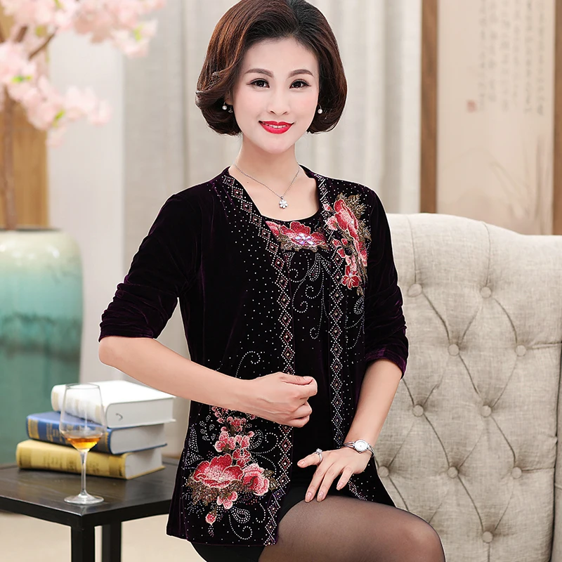 Nữ Giả Hai Mảnh Thêu Cardigan Xuân & Thu Hoa Velour Áo Nữ Dài Tay Vàng Nhung Thêu Áo Kiểu