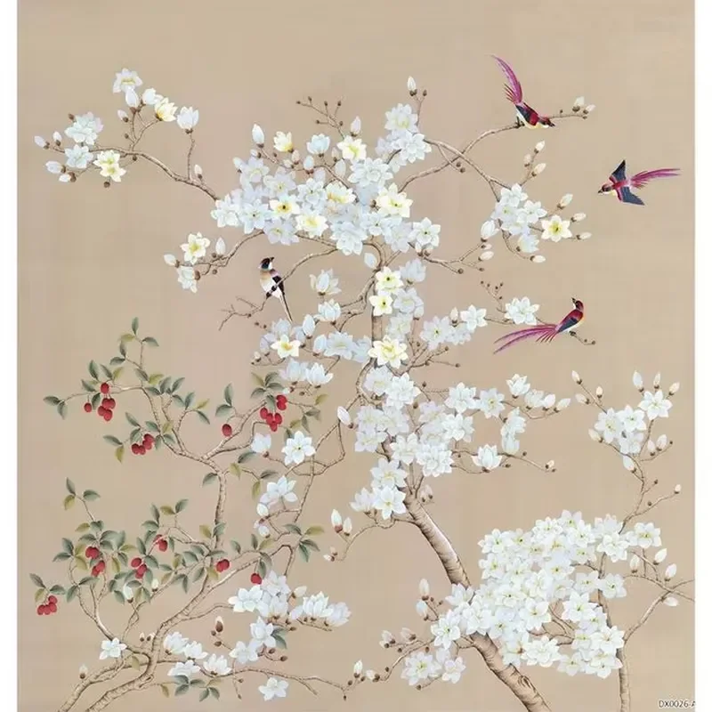 Handpainted Chinoiserie Wallpaper Real Silk Wallpaper for Home Decoration