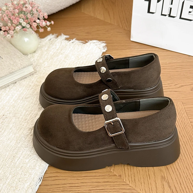 Thick-soled Women Mary Jane Shoes Fashion Belt Buckle Rivet Shallow Casual Shoes Spring Autumn Outdoor Novelty Platform Shoe New view 2