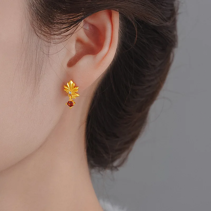 New in Inlaid red diamonds maple leaves earings stud Buckle Fashion small earrings for women Banquet Stacking Style Jewelry