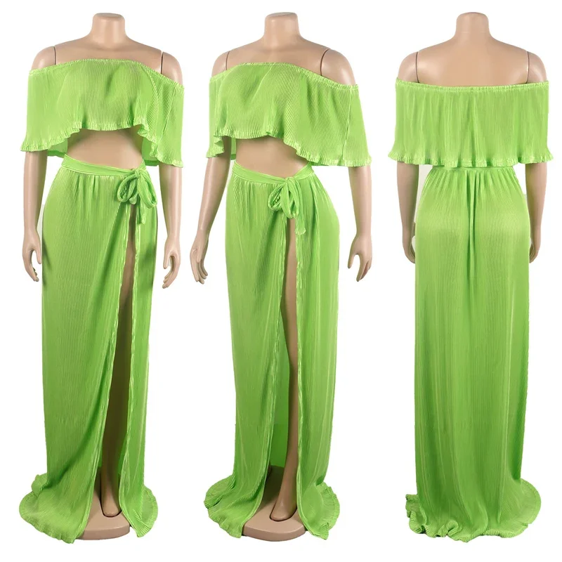 Elegant Two Piece Set for Women Maxi Dress Sets Clubwear Slash Neck Ruffles Crop Top and Long Skirts Beach Club Holiday Outfits