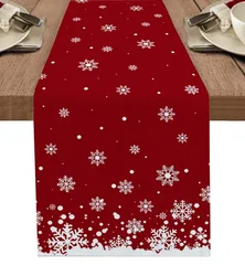 Red Linen Table Runner Christmas Snowflake Home Kitchen Decor Festive Wedding Party Table Accessories