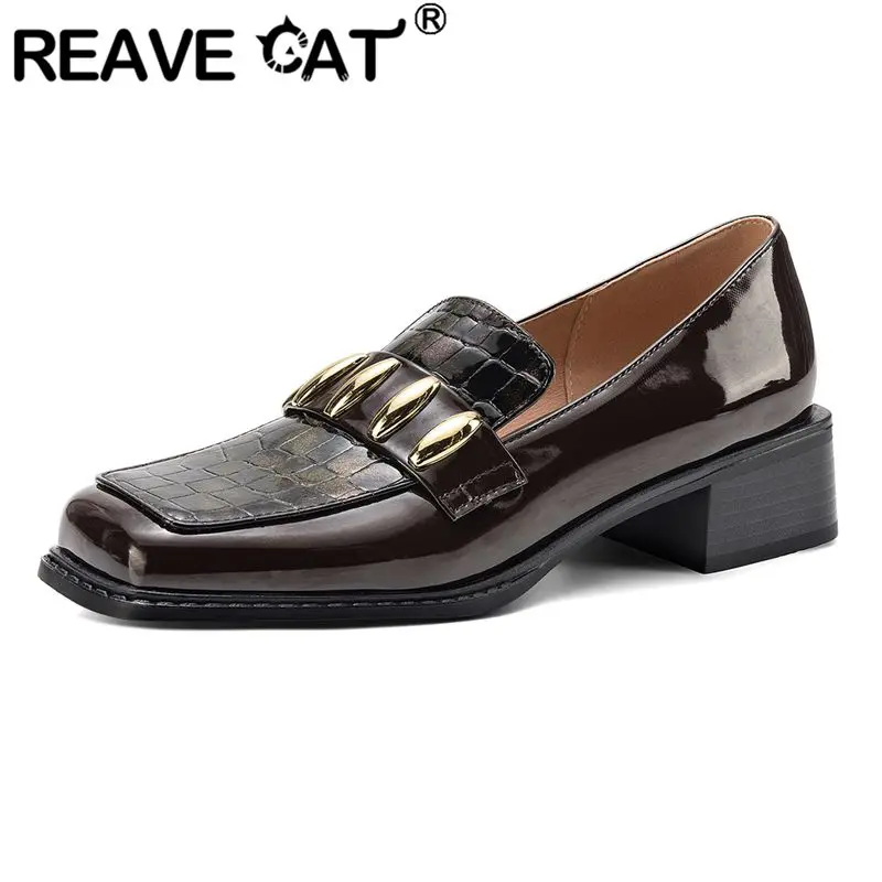 

REAVE CAT Black Shiny Women Flats Square Toe Slip On Loafer Comfortable Casual Office Lady Daily Shoes Footwear Large Size 42 43