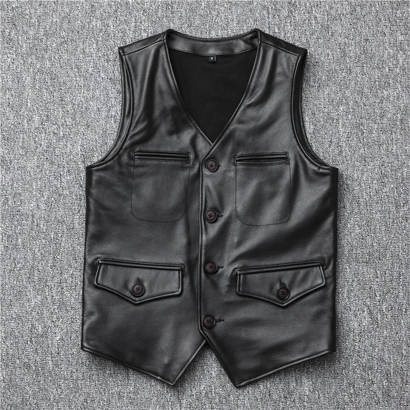 Leather 2023 New Real Vest Jacket Men V-Neck Sleeveless 100% Cowhide Genuine Leather Waistcoat Slim Fit Short Black Spring Male