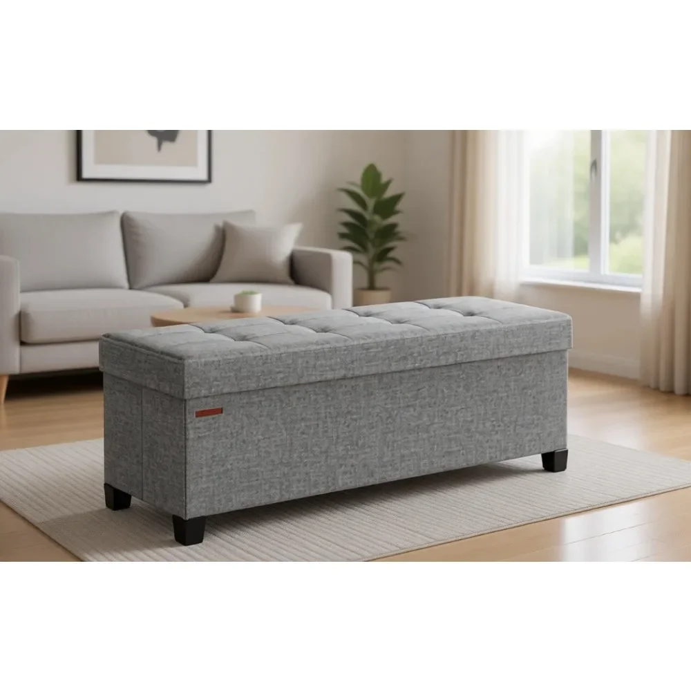 Foldable Storage Ottoman Bench with Legs, End of Bed Footrest, 43.3 x 15 x 15.8 Inches, Supports 661.4 lb, Dove Gray