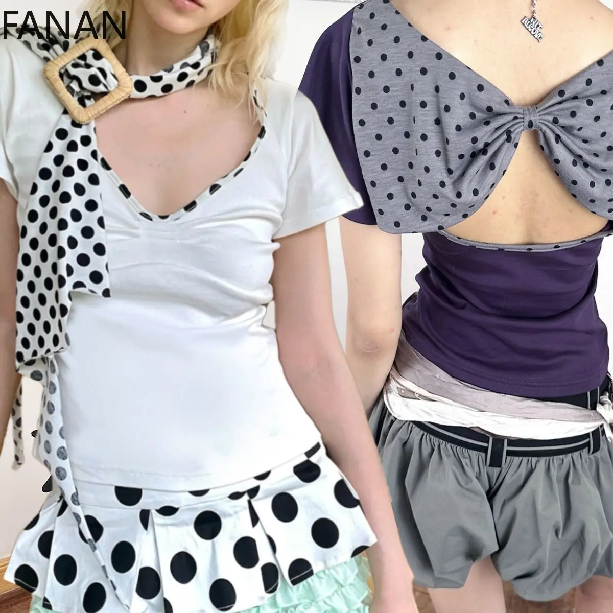 

Женские футболки с вырезом на спине, бантом и принтом в горошек, короткие топы в стиле Y2K, облегающие, дышащие и удобные, с коротким рукавом, в японском стиле