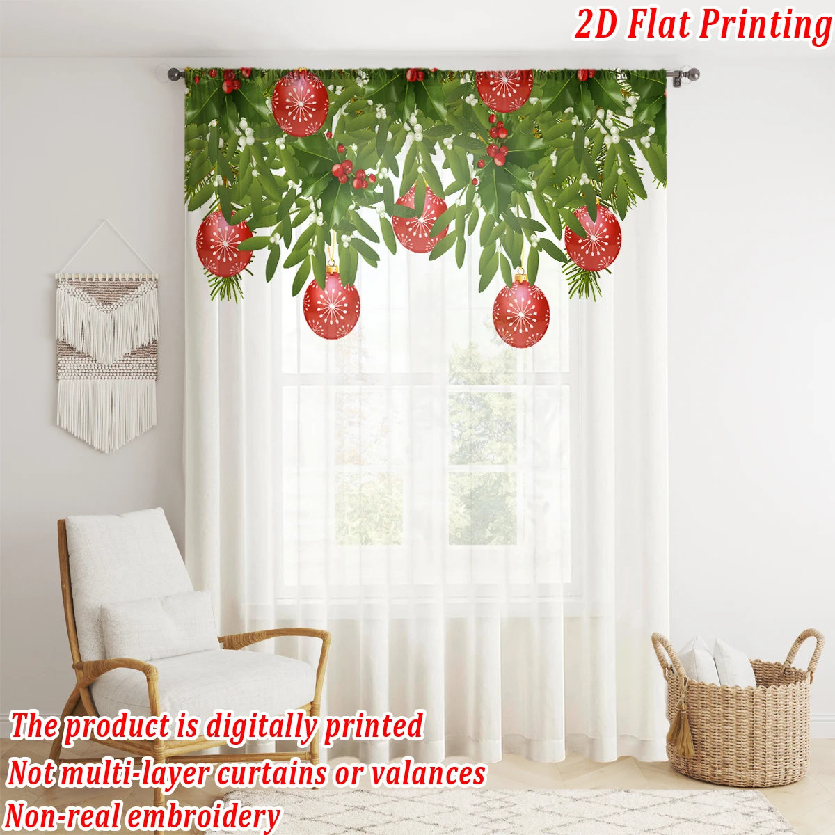 Kerst plat bedrukt doorschijnend gordijn met kerstbal dennentak voor woonkamer slaapkamer decor vakantiefeest