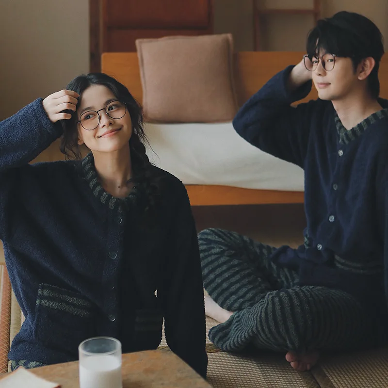 

Утепленные пижамы из кораллового флиса для пар, женская домашняя одежда с длинным рукавом и круглым вырезом, мужская верхняя одежда, зимний теплый комплект