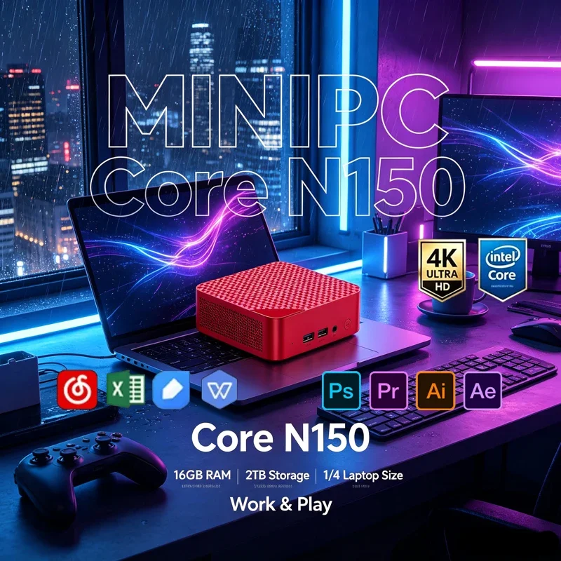 Red Mini PC, Intel Celeron N150, Win11, 16GB RAM 2TB SSD, WiFi6 BT5.2, 4K Workstation for Home Office, Gaming & Video Editing