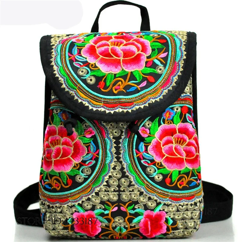 Casual Ethnic Girls Rucksack Flap Schoolbag Large Capacity Travel Bag Vintage Floral Embroidered Canvas Backpack Shopping Bag