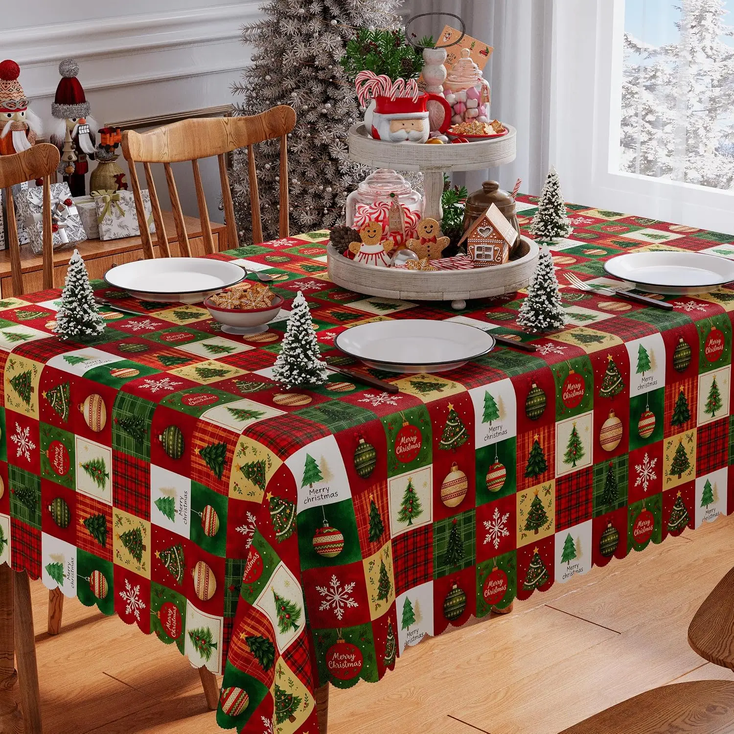 Christmas Snowflake Ball Trees Checkered Tablecloth for Table Decor Washable Kitchen Dining Tablecloth Christmas Decorations