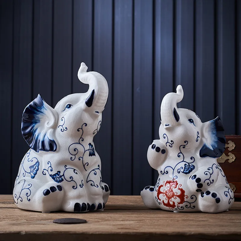 

Chinese Ceramic Crafts Porcelain Elephant Animal Sculpture Handicraft Home Decoration Figures Accessories