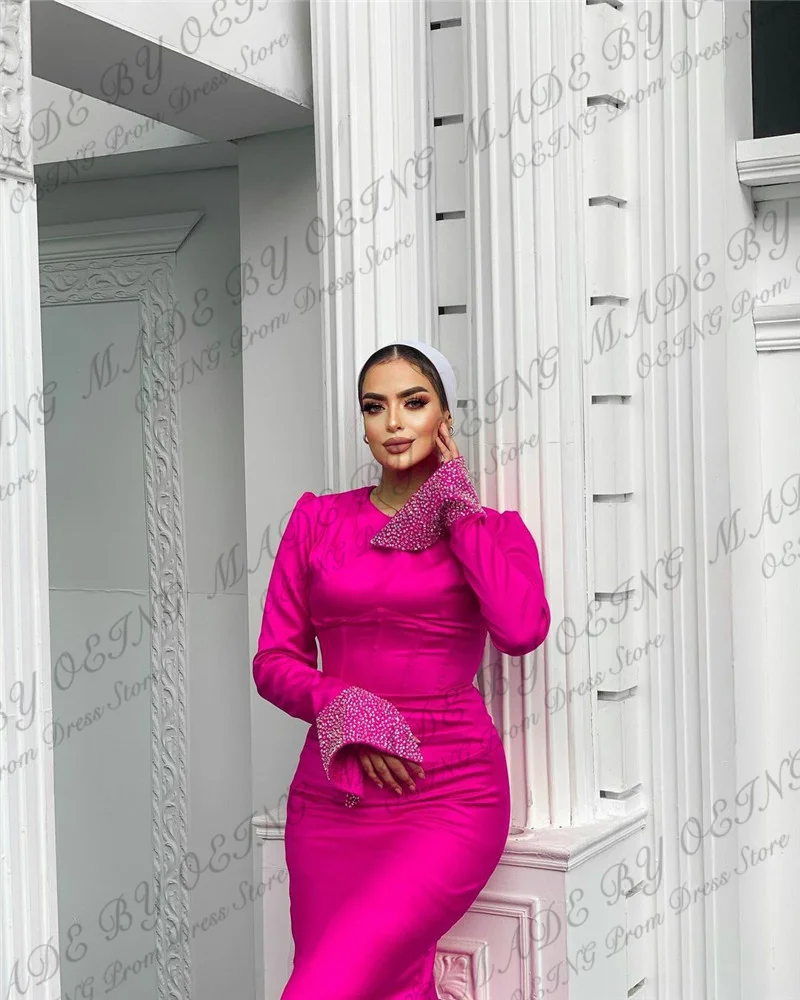 OEING Fuchsia Muslim Arabic Women Evening Dresses Long Sleeves Mermaid Party Prom Dress Robe Abaya Silk Elegant Club Gowns