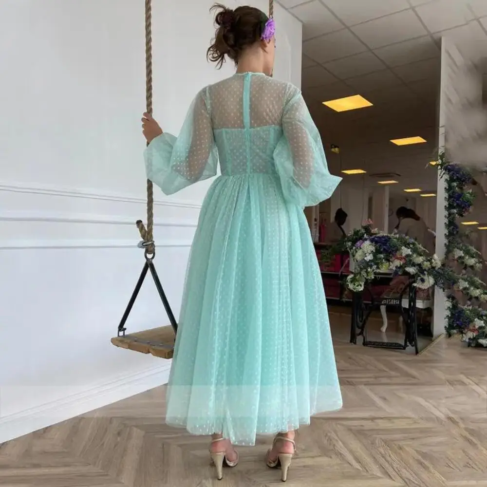 Vestidos de noite chiffon de pescoço alto doce, Manga inchada longa, Verde menta, Comprimento do tornozelo, Botões, Tule A-Line, Bolinhas, Vestido de baile