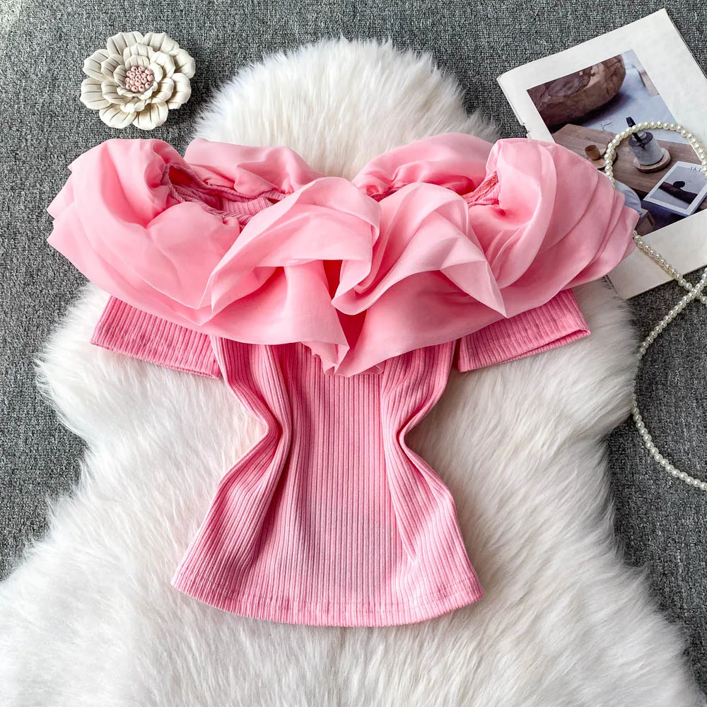 

Винтажная элегантная вязаная милая блузка с рюшами, модная рубашка, повседневный шикарный топ, летняя женская одежда феи