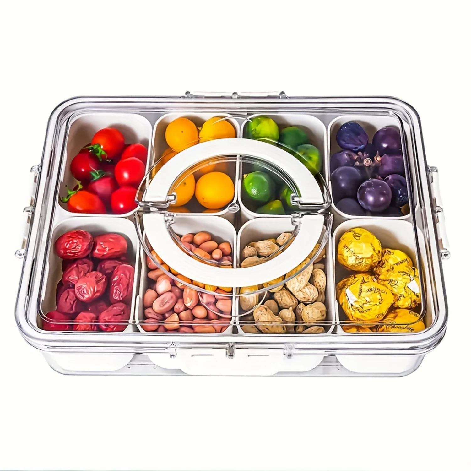 

School Supplies Cooked Food Box, Separation Tray with Lid and Handle, Travel Snack Box Cooked Food Container with 8 Compartments