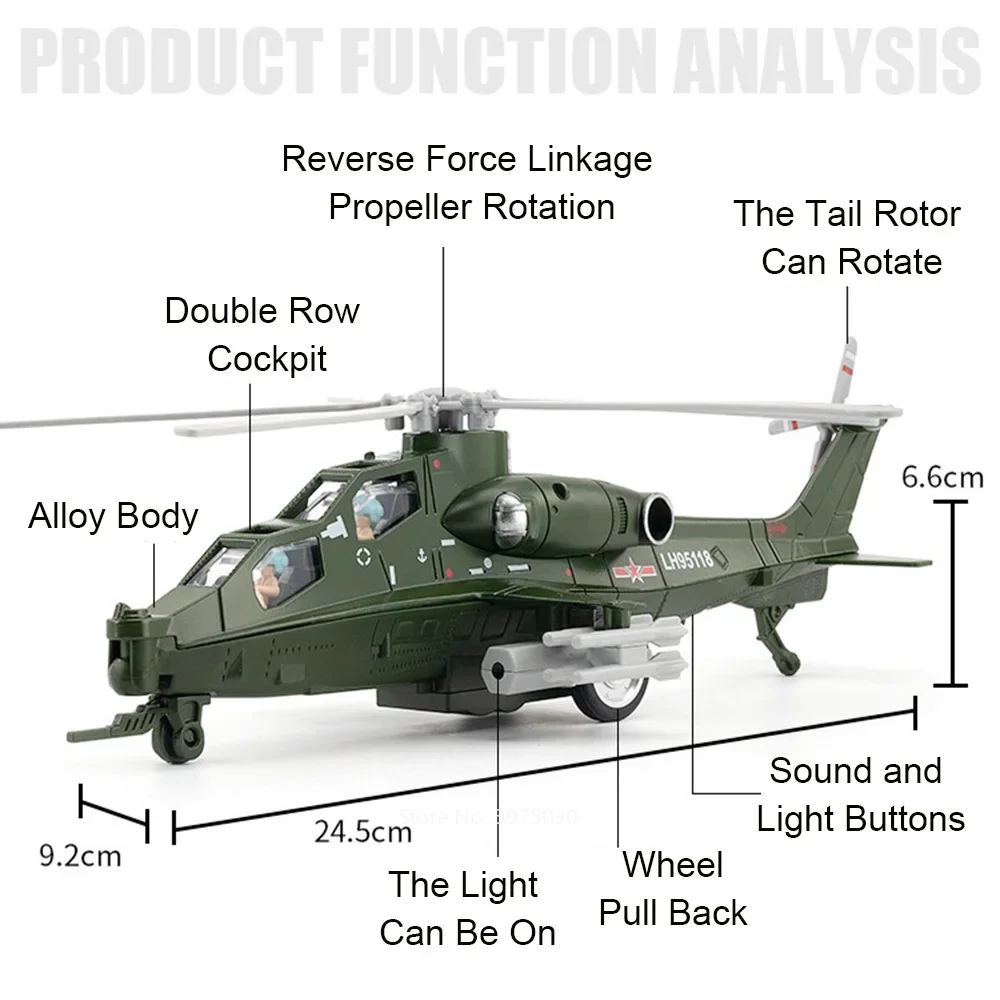 24.5CM Alloy Diecast CAIC Z-10 Helicopter Toy Models with Sound Light Fighter Plane Wheel Pull Back Aircraft for Children Toy