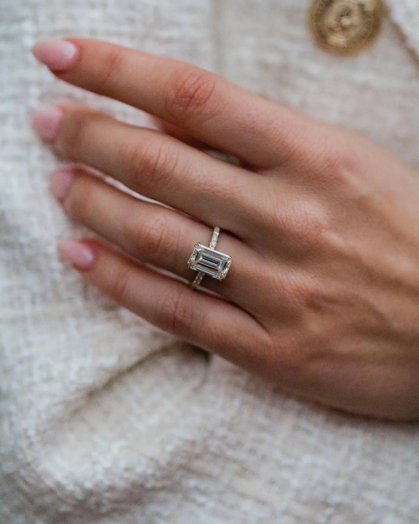 Elongated Emerald Cut 4CT Moissanite Wedding Ring, 7×11mm Center Stone, Solid 14K Yellow Gold Fine Jewelry, Luxury Engagement Anniversary Bridal Gift For Women view 3