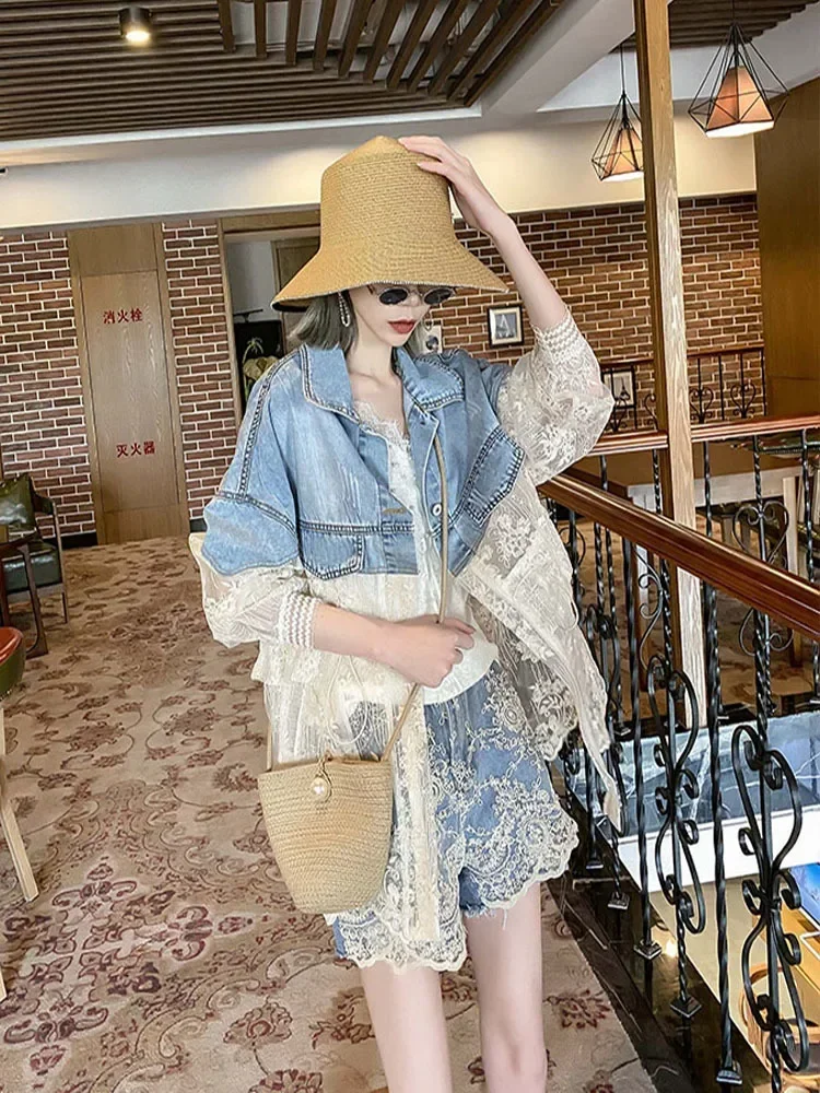 

Fashion Summer Long Sleeve Large Size Jeans Jackets Womens Coat Loose Lace Stitching Perspective top Jacket Ladies denim coat