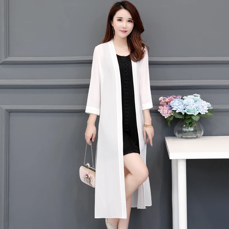

Summer Women's Chiffon Open Cardigan Long Lightweight Nine-Quarter Sve Slimming Color Faionable Outerwear