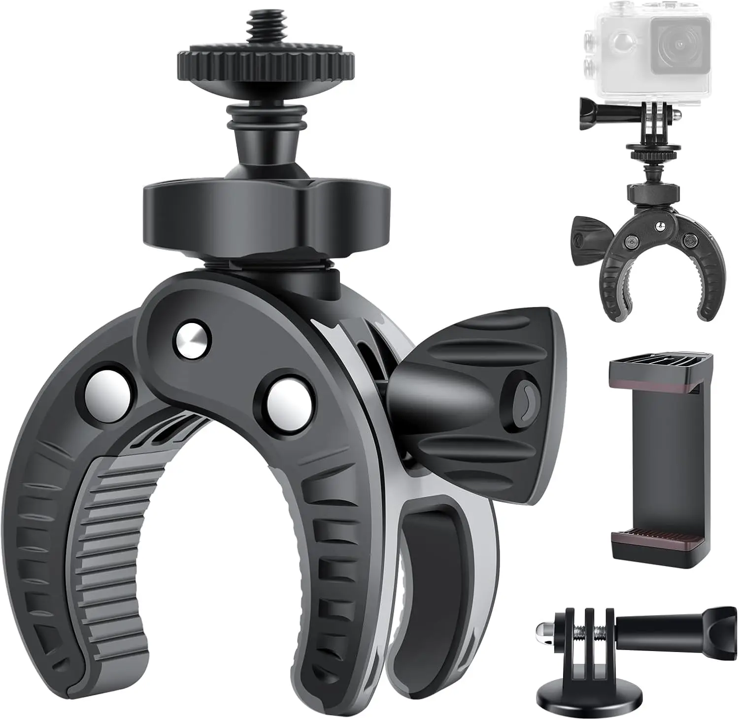 

Universal Camera Mount Clamp, 360° Ballhead 1/4" Screw, Bike Phone Holder & Tripod Adapter for Gopro/DSLR/Stabilizer
