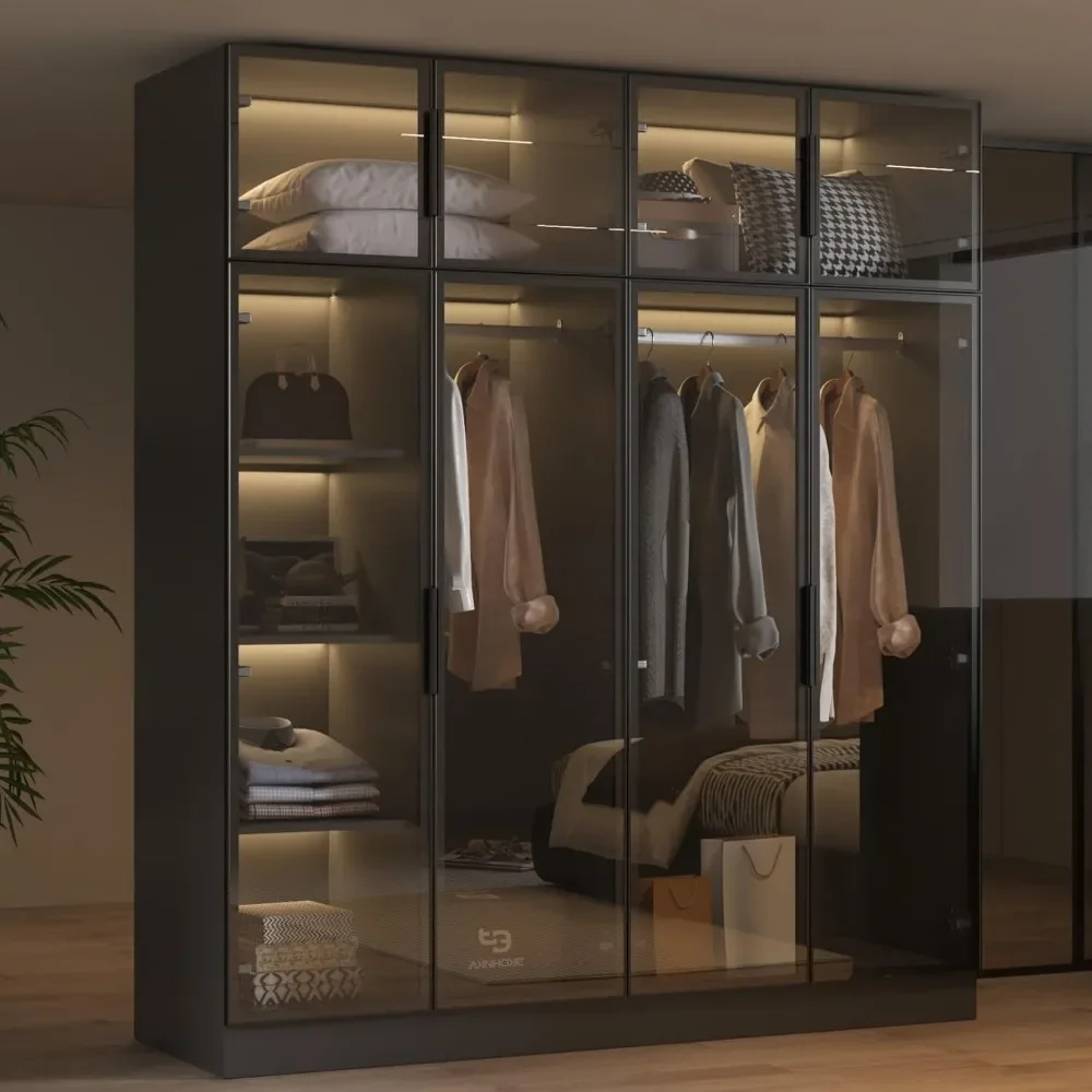 Wardrobe Wardrobe Cabinet with LED Light StripsModern Armoire Closet with Glass Doors59.W Large BedroomArmoire Clothes Organizer