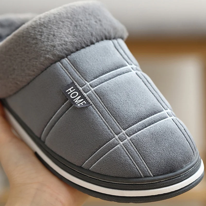 Large Size 50/51 Home Slippers Men Plaid Cotton Slippers Indoor Winter Warm Plush Non-slip Thick-soled Soft Slippers Male Shoes