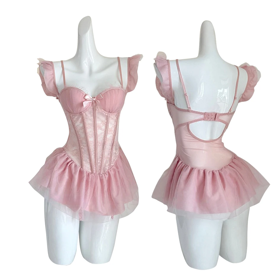 

Lady Slim Fit Bow Lace Nightgown Mesh Sleeveless Women Lingerie Nightwear Transparent Lace Sling Nightdress Babydolls Chemises