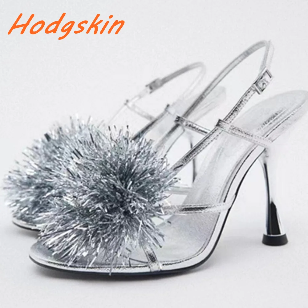 Sliver Bloem Decoratie Sandalen Ronde Neus Smalle Band Enkelgesp Hoge Dunne Hakken 2024 Zomer Sexy Casual Party Fashion Schoenen