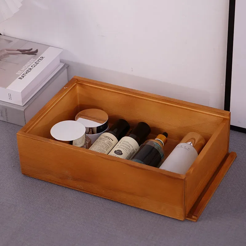 Vintage Style Wooden Storage Box with Sliding Lid, Desktop Decoration and Souvenir, Wood Drawer in Retro Color
