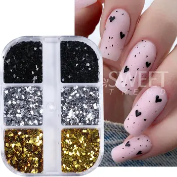 6格黑色金色銀色愛心美甲亮片迷你愛心圓形薄片亮片情人節裝飾美甲配件 10 最佳銷售 心型閃光 - №9