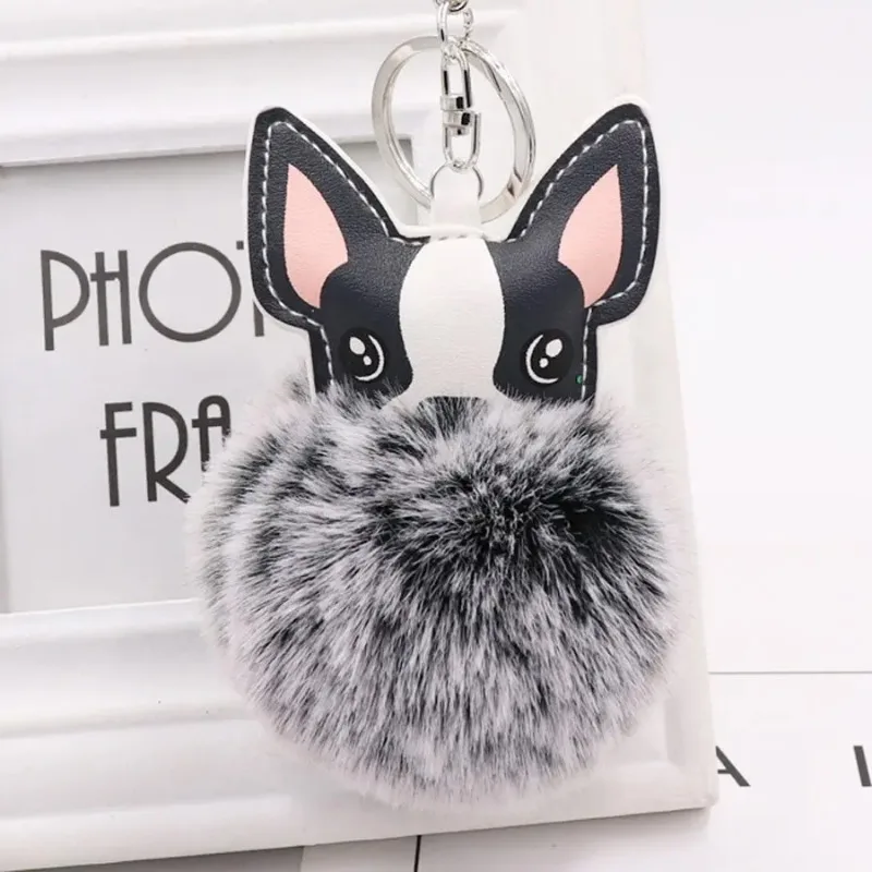 PU Leather Animal Dog Keyring Holder Bag Charm Key Chains Fluffy Rabbit Fur Ball French Bulldog Keychain Pompom Key Chain