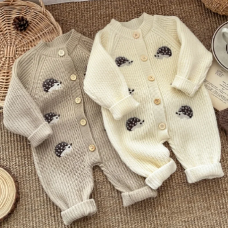 

Autumn Baby Knitted Romper Thickened Newborn Onesie Cute Animal Print Toddler 0-1Y Outdoor Jumpsuit