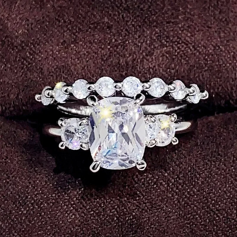 New Exquisite Double Stackable Set Rings for Women Paved Crystal Cubic Zirconia Silver Color Band Wedding Trend  Jewelry
