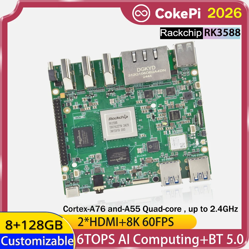 CPP-3588 6TOPS AI SBC WiFi6 Dual 2.5G Ethernet 8K HDMI M.2 NVME 4GB/8GB/16GB+64GB/128GB
