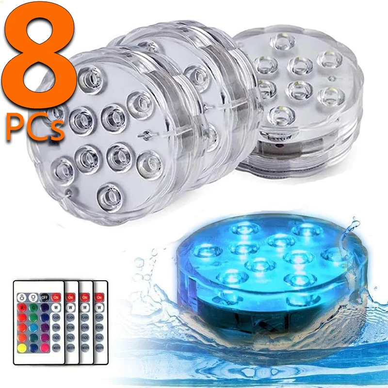 

1-8 Pack Submersible LED Lights Waterproof Pool Light Underwater with 16 Colors, Remote Control for Aquarium,Vase, Bath,Hot Tub