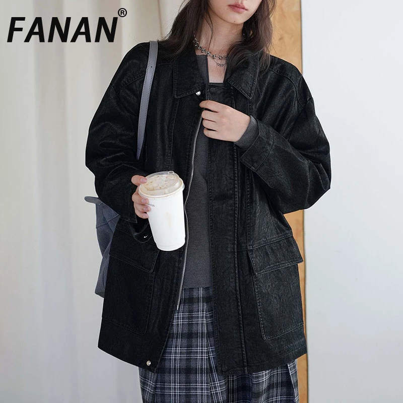 FANAN Women Faux Leather Jacket Lapel Zipper Multi Pocket Oversized Loose Vintage Black Casual Streetwear Outerwear Coat