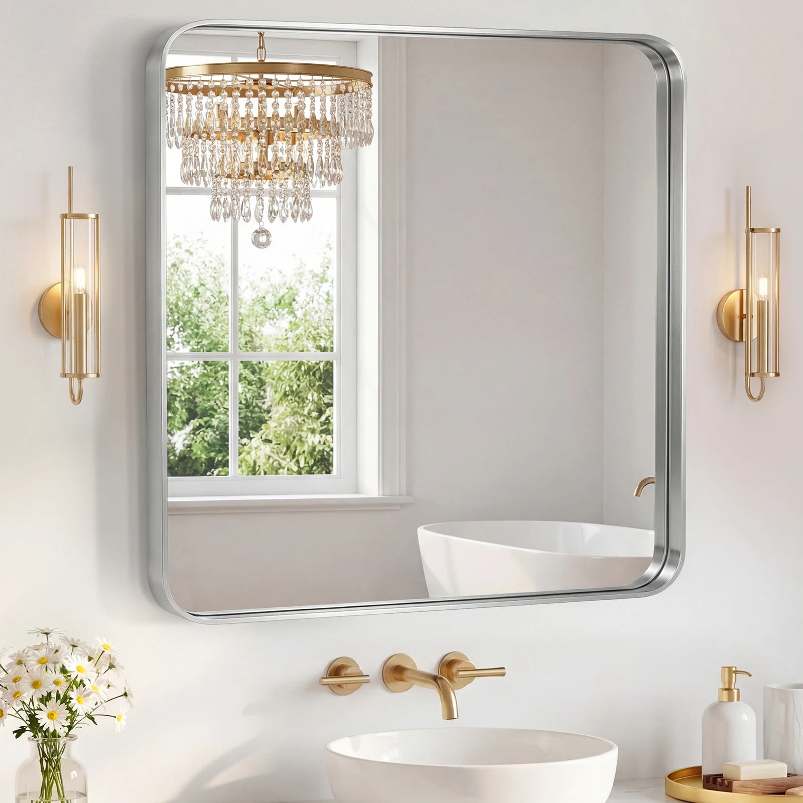 

Bathroom Mirror 35.83X35.83 Inch Black Metal Frame Rectangle Vanity Mirror with Rounded Corners, Modern Wall Mounted Anti-Rust Mirror for Farmhouse, Restroom, Entryway, Horizontal or Vertical Hanging