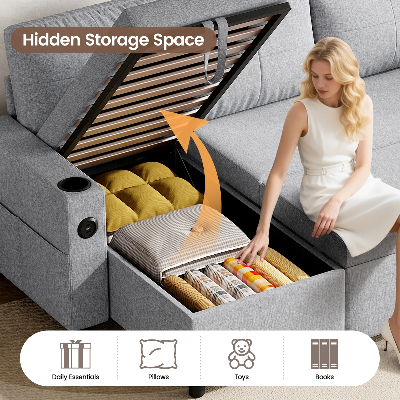 أريكة سرير، سرير أريكة على شكل حرف L، 3 في 1 أريكة مقطعية مع منافذ USB ونوع C وحاملين أكواب، أريكة زاوية قابلة للتحويل #5