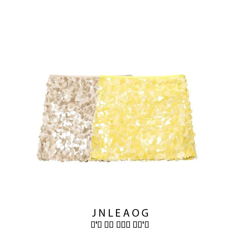 JNLEAOG Primavera Nova Mulher Faion Saia de Lantejoulas Stand Fit A-Line Casual Fibra de Poliéster Design de Cintura Média