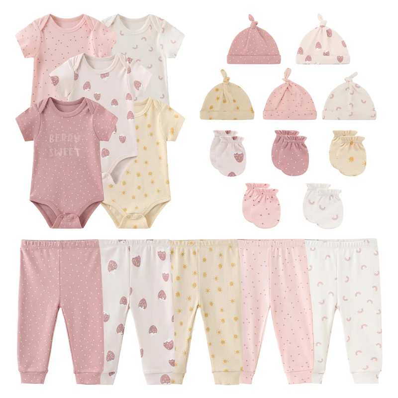 20Pcs/lot Baby Bodysuits+Pants+Hat+Gloves Newborn Clothes Accessories Baby Mittens Girl Boy Trousers 100%Cotton Jumpsuits Pants