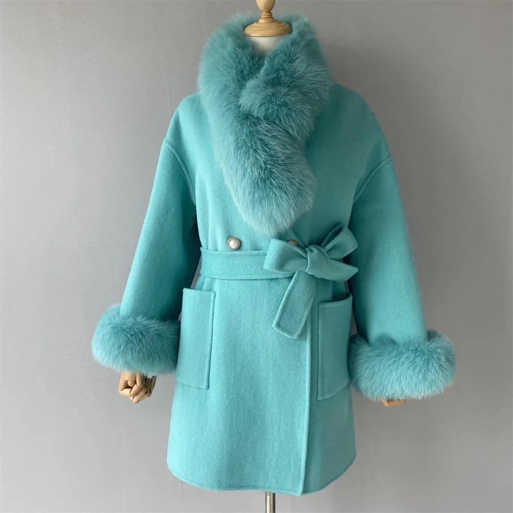 New Ladies Outerwear 2024 Real Fur Coat Winter Jacket Women Natural Fox Fur Collar Cuffs Hood Cashmere Wool Woolen