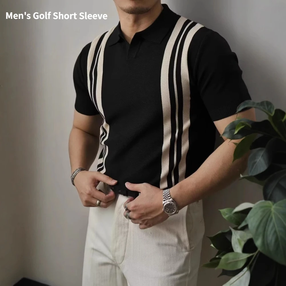 

Summer New Men's Quick Drying Short Sleeved Golf Polo Shirt Fashionable And Breathable Solid Color Striped Top Men's gift