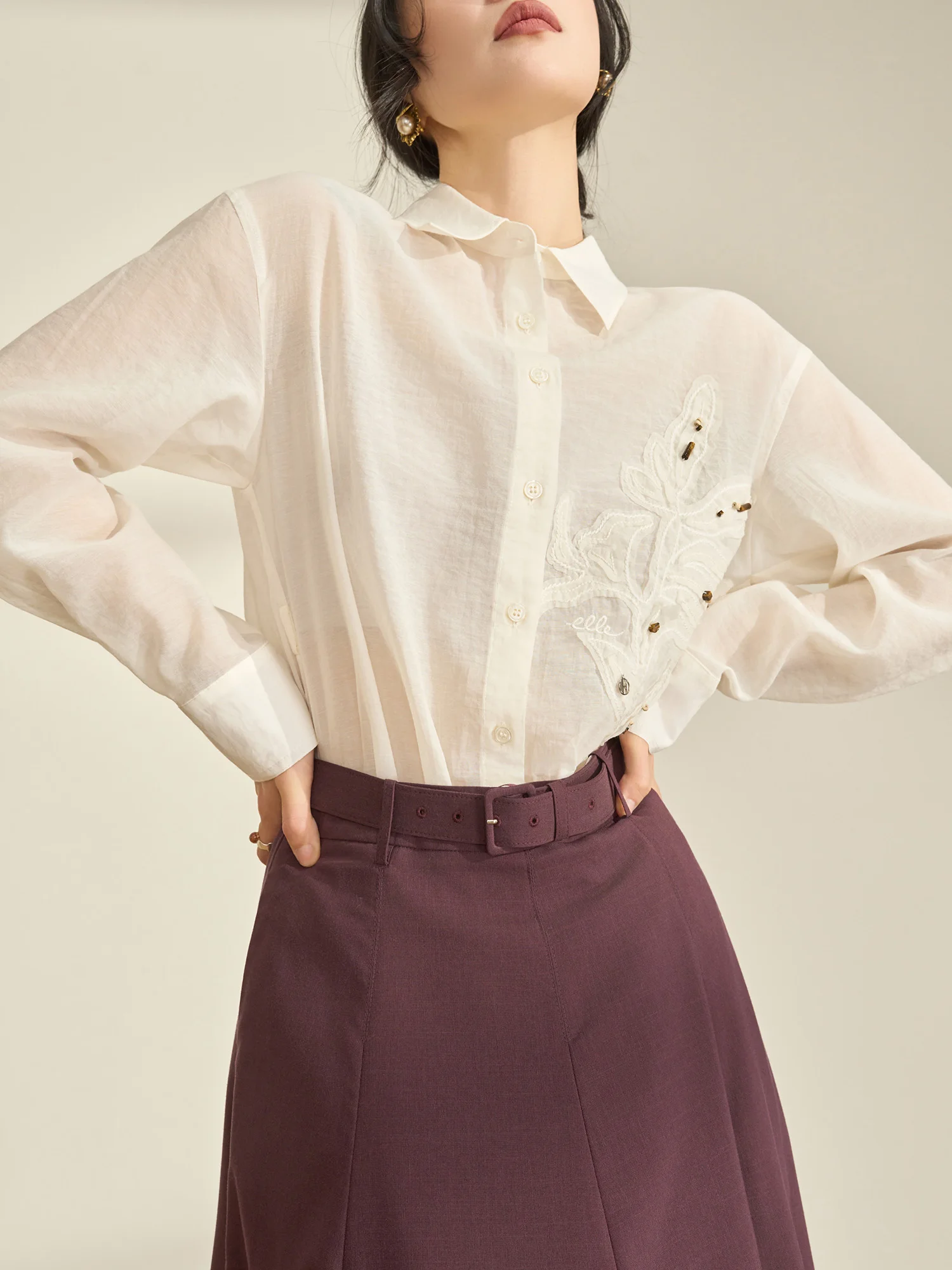 

Элегантная белая блузка с длинным рукавом, пэчворк-дизайн, свободный крой, весна 2026, новая коллекция, французский стиль, из полиэстера